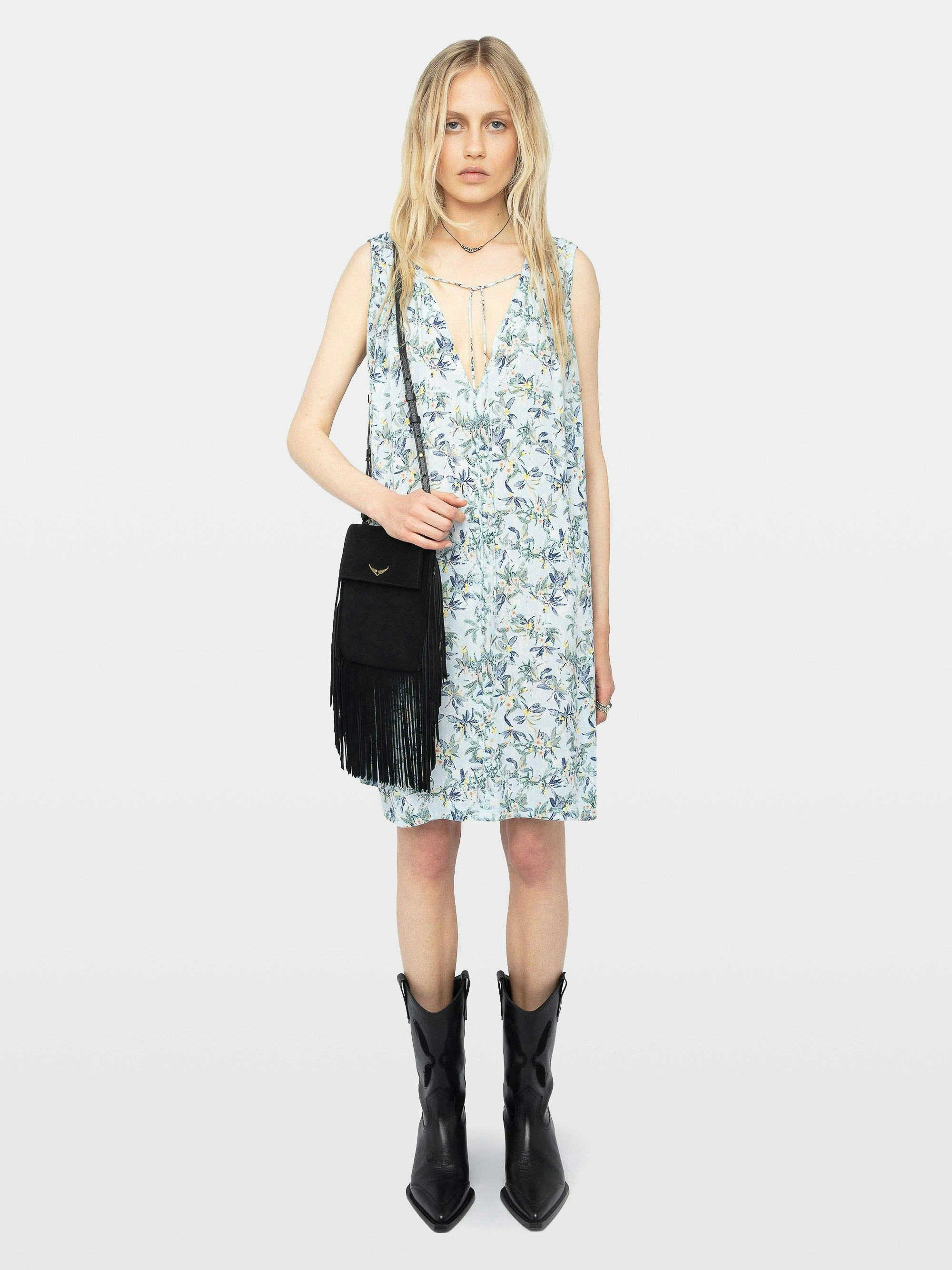 Rimatis Short Viscose Sleeveless Floral Dress - Short printed viscose dress, sleeveless, cord with wings and removable belt.