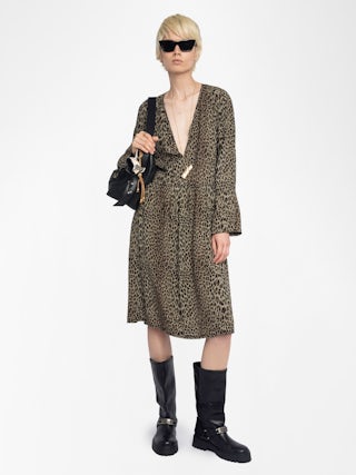 Rinas Dress - Mid-length printed viscose dress, long sleeves, laced neckline.