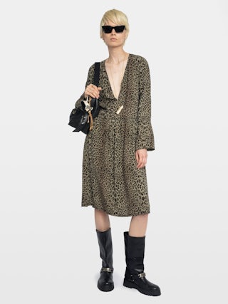 Robe Rinas - Robe mi-longue en viscose imprimée, manches longues, encolure lacée.