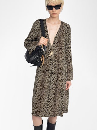 Rinas Dress - Mid-length printed viscose dress, long sleeves, laced neckline.