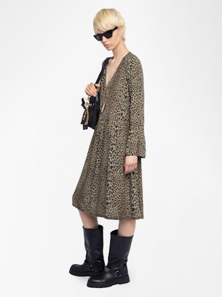 Rinas Dress - Mid-length printed viscose dress, long sleeves, laced neckline.