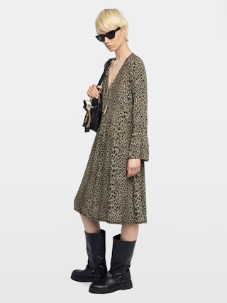 Robe Rinas - Robe mi-longue en viscose imprimée, manches longues, encolure lacée.