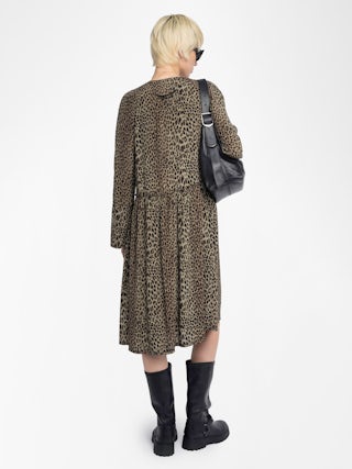 Rinas Dress - Mid-length printed viscose dress, long sleeves, laced neckline.