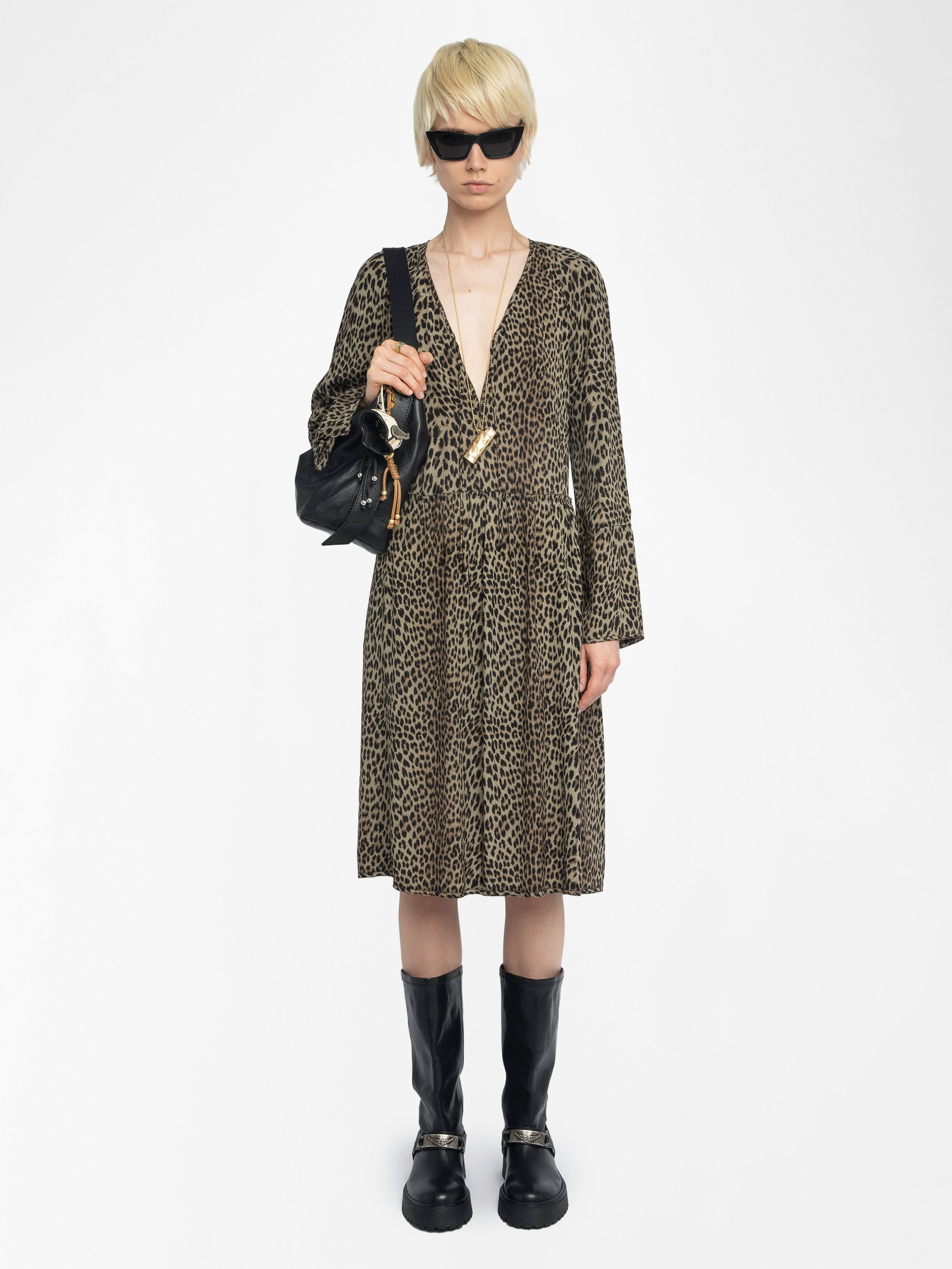 Rinas Dress - Mid-length printed viscose dress, long sleeves, laced neckline.
