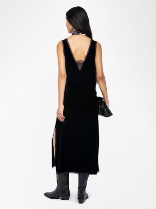 Renzo Velvet Dress - Long dress in plain velvet, lingerie spirit with French lace.