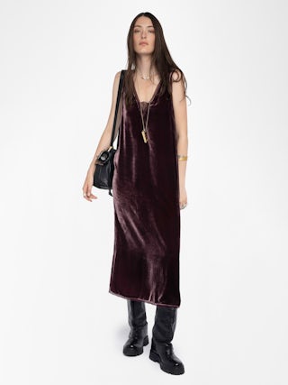 Renzo Velvet Dress - Long dress in plain velvet, lingerie spirit with French lace.
