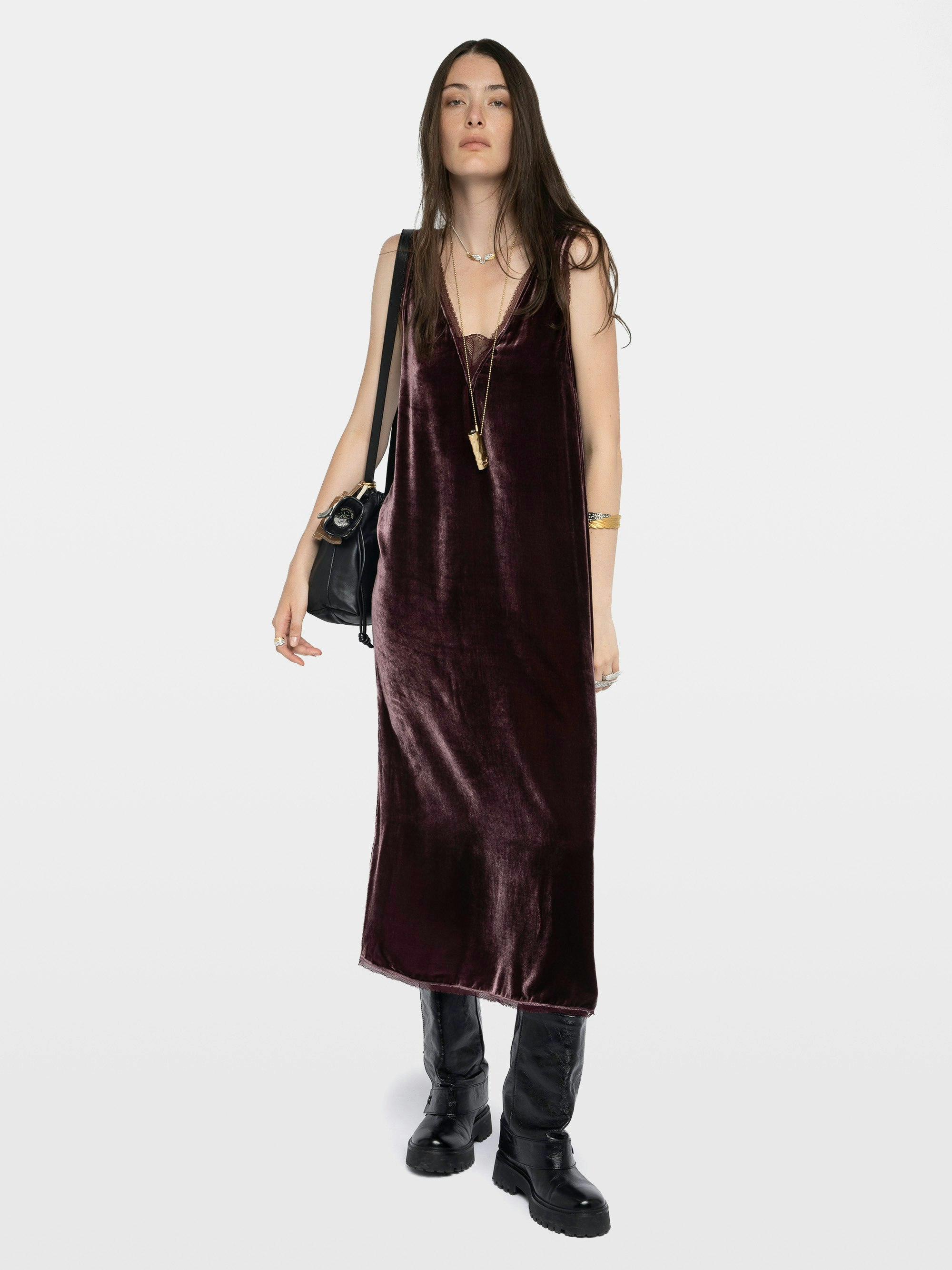 Renzo Velvet Dress - Long dress in plain velvet, lingerie spirit with French lace.