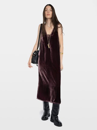 Renzo Velvet Dress - Long dress in plain velvet, lingerie spirit with French lace.