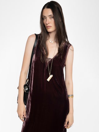 Renzo Velvet Dress - Long dress in plain velvet, lingerie spirit with French lace.