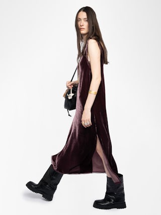 Renzo Velvet Dress - Long dress in plain velvet, lingerie spirit with French lace.