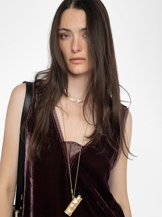 Renzo Velvet Dress - Long dress in plain velvet, lingerie spirit with French lace.