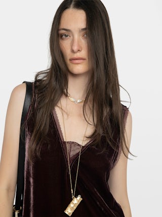 Renzo Velvet Dress - Long dress in plain velvet, lingerie spirit with French lace.