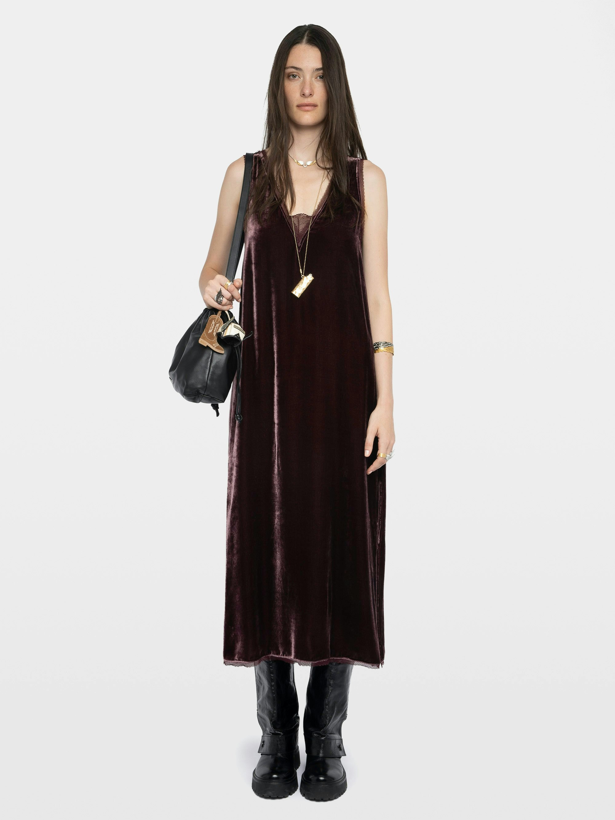 Renzo Velvet Dress - Long dress in plain velvet, lingerie spirit with French lace.