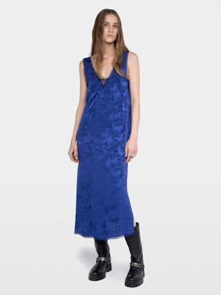 Robe Renzo 100% Soie - Robe longue en soie jacquard horses, esprit lingerie, sans manches, avec dentelle française.