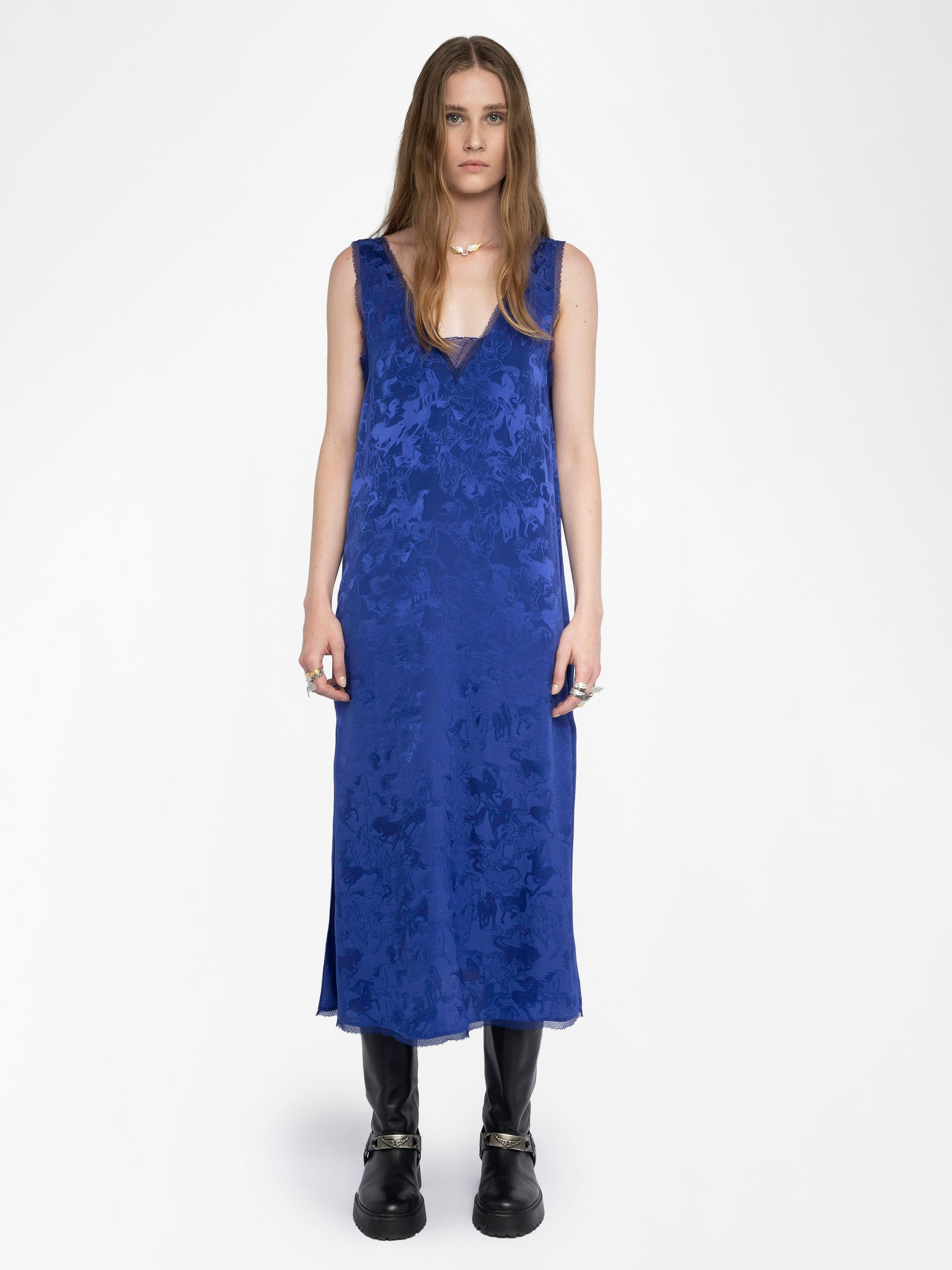 Dress Renzo 100% Silk - Long sleeveless silk jacquard horses dress, lingerie-inspired, with French lace.