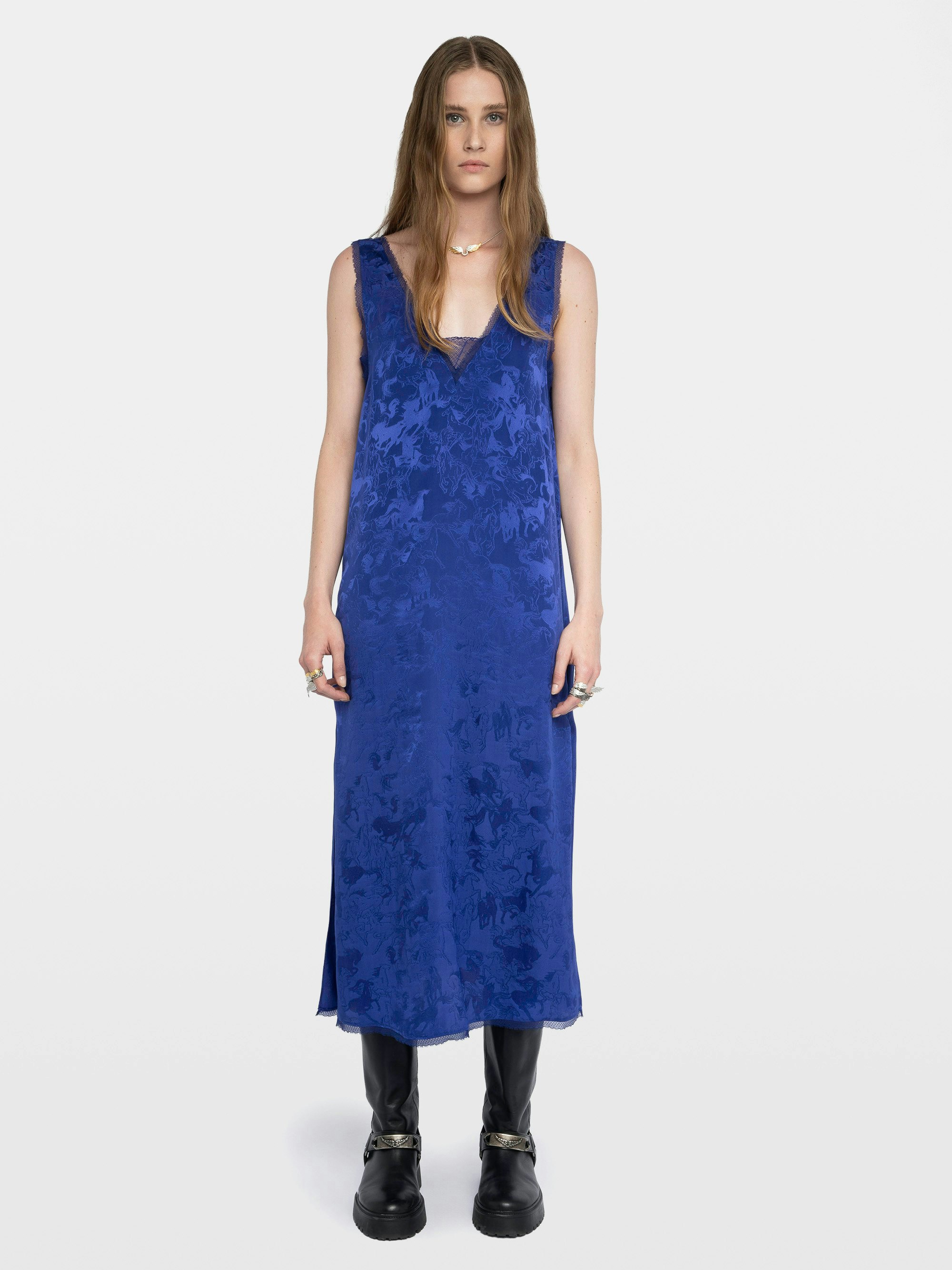 Dress Renzo 100% Silk - Long sleeveless silk jacquard horses dress, lingerie-inspired, with French lace.