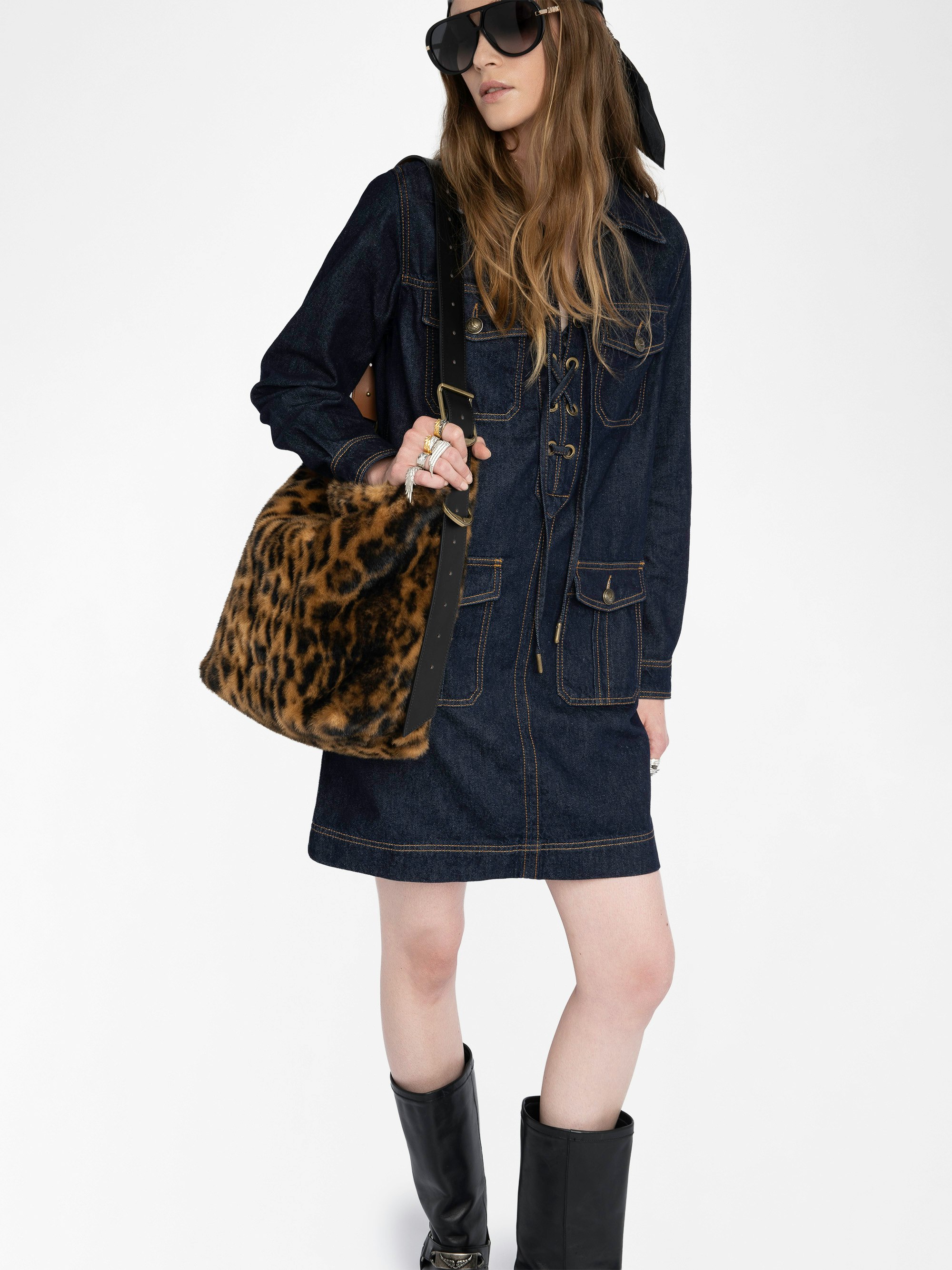 Remacha Denim Dress - Short dress in raw denim, long sleeves, applied military-style pockets and deep laced neckline.