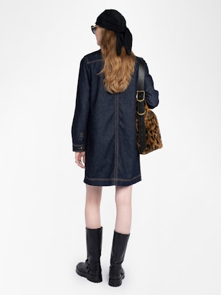Remacha Denim Dress - Short dress in raw denim, long sleeves, applied military-style pockets and deep laced neckline.