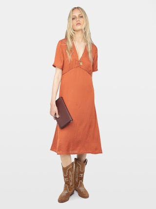 Rhodral Satin Dress - Mid-length dress in ZV jacquard satin, short sleeves and buttoned neckline.