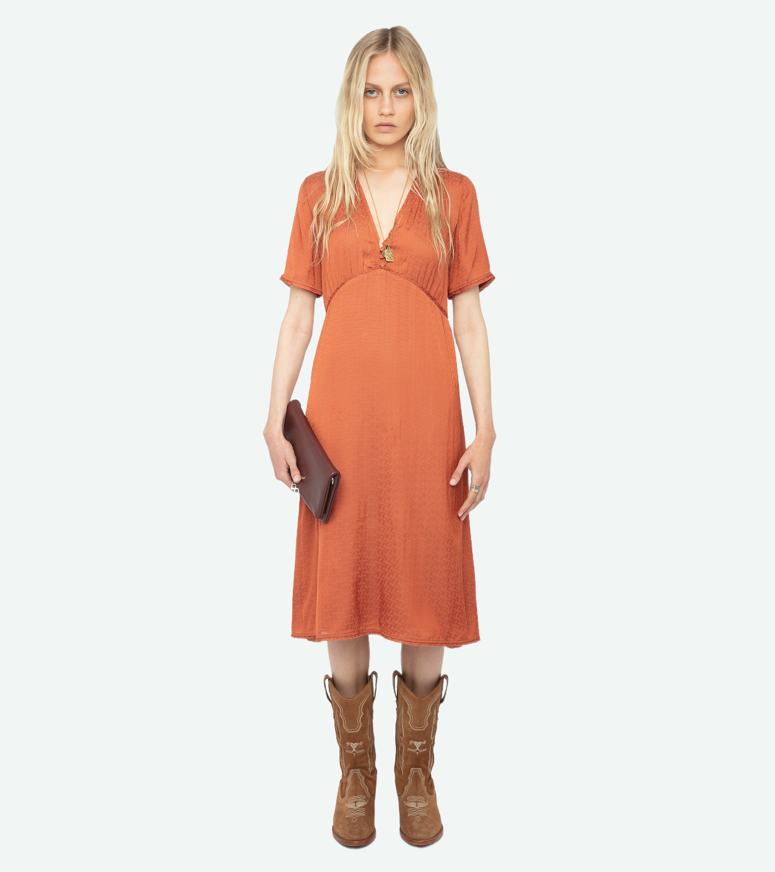Rhodral Satin Dress - Mid-length dress in ZV jacquard satin, short sleeves and buttoned neckline.