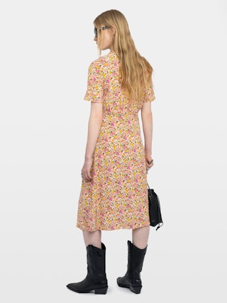 Rhodral Dress - Mid-length printed viscose dress, short sleeves, v-neckline and metal wings on the front neckline.