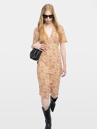 Rhodral Dress - Mid-length printed viscose dress, short sleeves, v-neckline and metal wings on the front neckline.