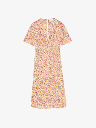 Rhodral Kleid - Midikleid aus bedruckter Viskose, kurze Ärmel, V-Ausschnitt und Metallflügel am vorderen Ausschnitt.