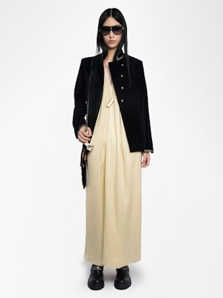 Ristym Satin Dress - Long dress in Japanese satin, lingerie spirit, draped, adjustable back straps and metal wings on front neckline.