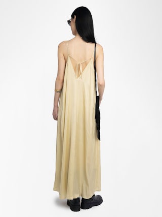 Ristym Satin Dress - Long dress in Japanese satin, lingerie spirit, draped, adjustable back straps and metal wings on front neckline.