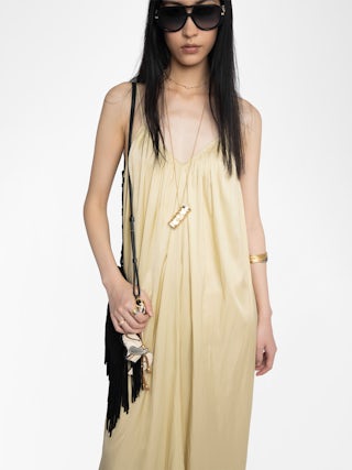 Ristym Satin Dress - Long dress in Japanese satin, lingerie spirit, draped, adjustable back straps and metal wings on front neckline.