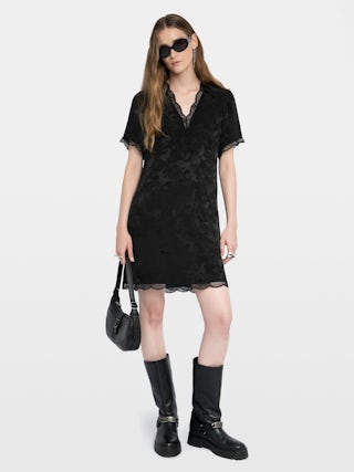 Robe Rerzo 100% Soie - Robe courte en soie jacquard horses, esprit lingerie, manches courtes, ceinture amovible et dentelle française.