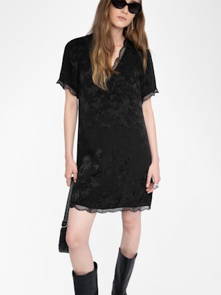 Rerzo Silk Dress - Short dress in horses jacquard silk, lingerie spirit, short sleeves, removable belt and French lace.