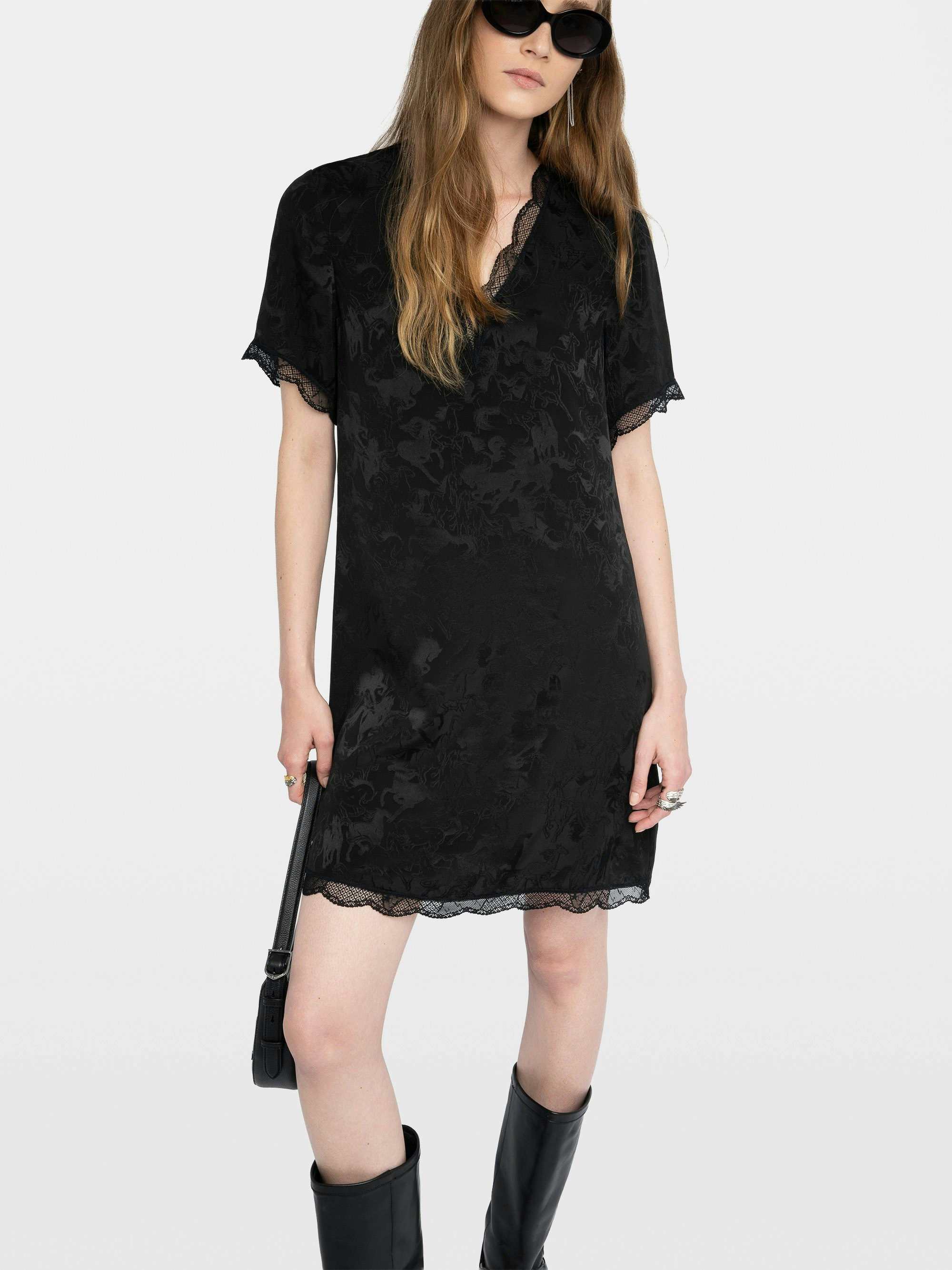 Rerzo Silk Dress - Short dress in horses jacquard silk, lingerie spirit, short sleeves, removable belt and French lace.