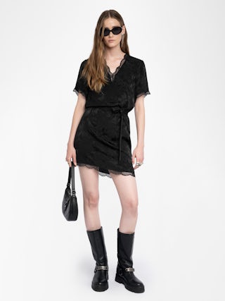 Rerzo Silk Dress - Short dress in horses jacquard silk, lingerie spirit, short sleeves, removable belt and French lace.