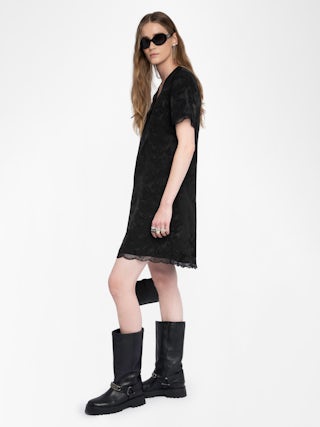 Rerzo Silk Dress - Short dress in horses jacquard silk, lingerie spirit, short sleeves, removable belt and French lace.