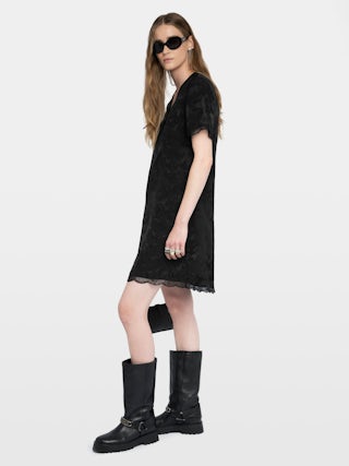 Robe Rerzo 100% Soie - Robe courte en soie jacquard horses, esprit lingerie, manches courtes, ceinture amovible et dentelle française.