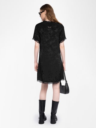 Rerzo Silk Dress - Short dress in horses jacquard silk, lingerie spirit, short sleeves, removable belt and French lace.