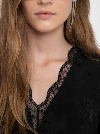 Rerzo Silk Dress - Short dress in horses jacquard silk, lingerie spirit, short sleeves, removable belt and French lace.