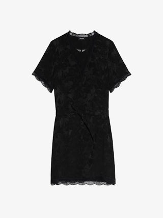 Rerzo Silk Dress - Short dress in horses jacquard silk, lingerie spirit, short sleeves, removable belt and French lace.