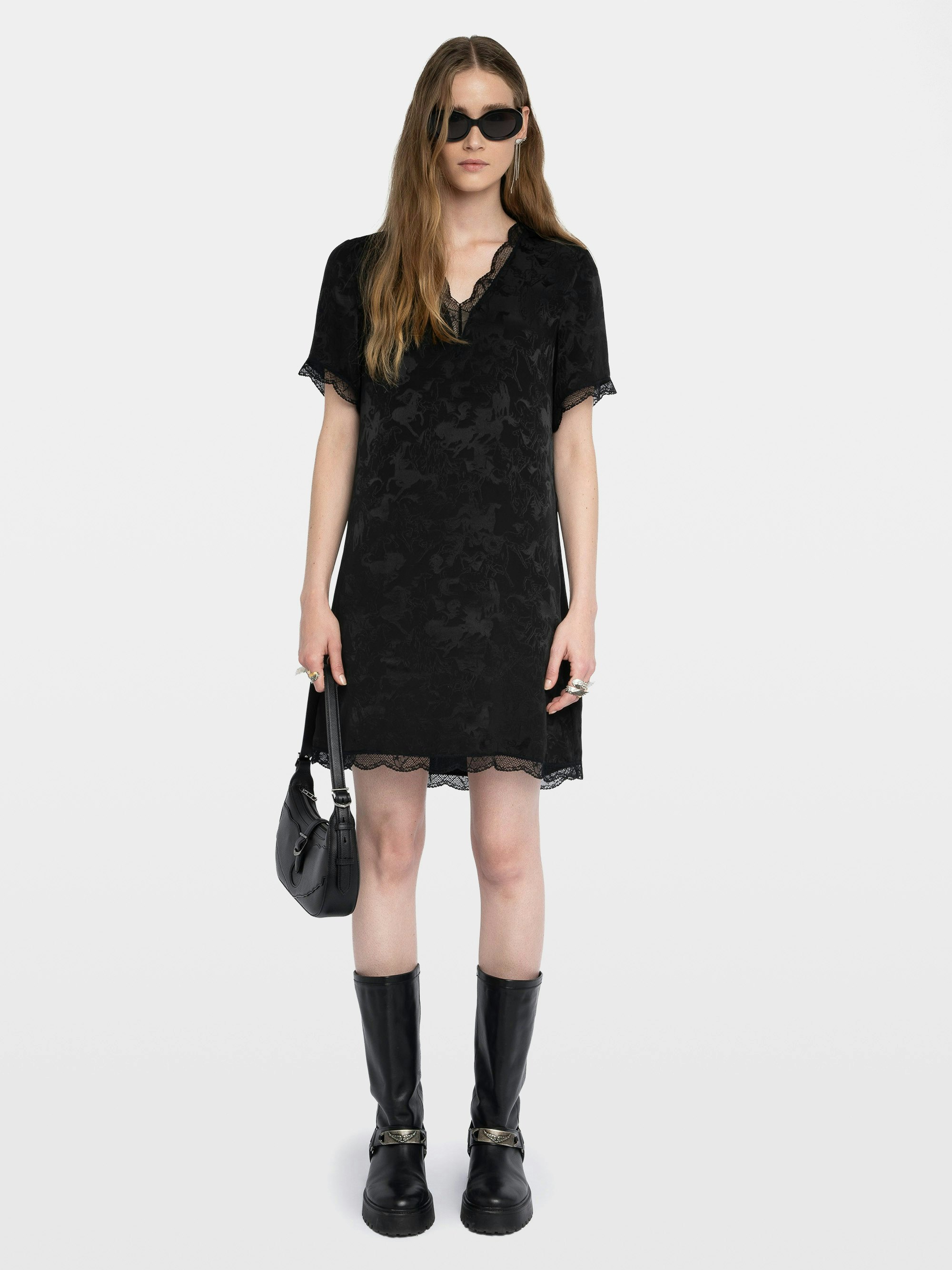 Abito Rerzo 100% Seta - Abito corto in seta jacquard con cavalli, spirito lingerie, maniche corte, cintura rimovibile e pizzo francese.