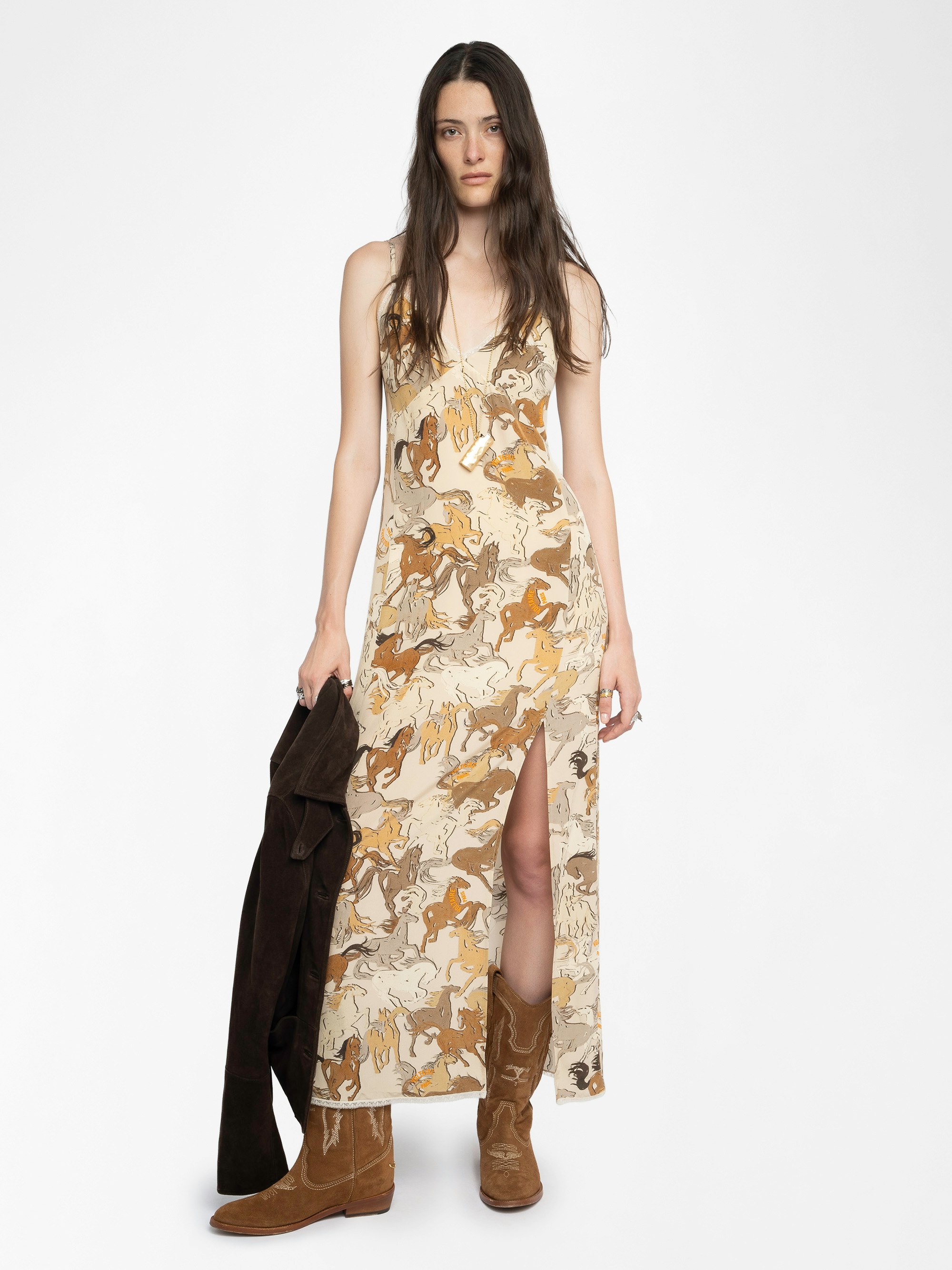 Ramelil Horse Print Dress​ - Long lingerie-style dress in horse printed silk with slit, adjustable straps, and wing embroidery on the back.