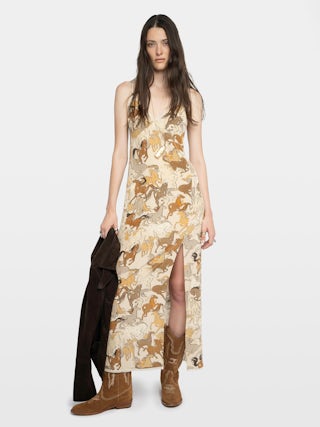 Robe Ramelil 100% Soie - Robe longue esprit lingerie en soie imprimée, avec fente, bretelles ajustables, broderie ailes dos et dentelle.