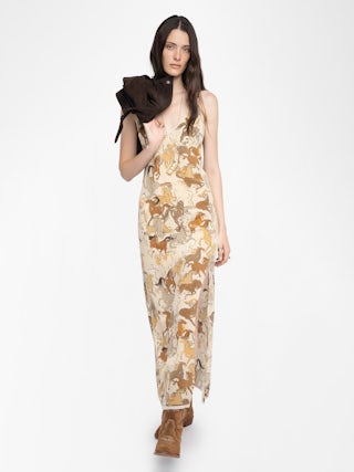 Ramelil 100% Silk Dress - Long lingerie-style dress in printed silk, with slit, adjustable straps, wing embroidery on the back and lace.