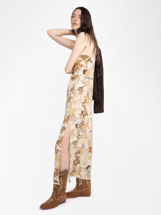 Ramelil 100% Silk Dress - Long lingerie-style dress in printed silk, with slit, adjustable straps, wing embroidery on the back and lace.