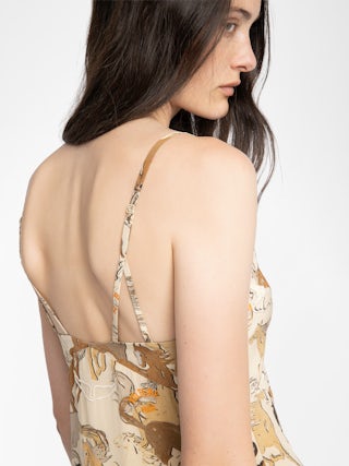 Ramelil 100% Silk Dress - Long lingerie-style dress in printed silk, with slit, adjustable straps, wing embroidery on the back and lace.