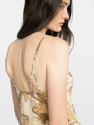 Robe Ramelil 100% Soie - Robe longue esprit lingerie en soie imprimée, avec fente, bretelles ajustables, broderie ailes dos et dentelle.