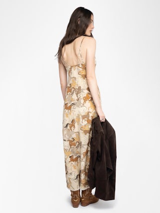 Ramelil 100% Silk Dress - Long lingerie-style dress in printed silk, with slit, adjustable straps, wing embroidery on the back and lace.