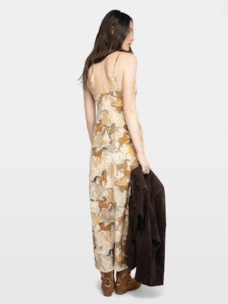 Robe Ramelil 100% Soie - Robe longue esprit lingerie en soie imprimée, avec fente, bretelles ajustables, broderie ailes dos et dentelle.