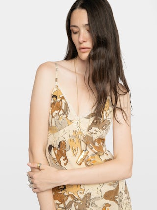 Robe Ramelil 100% Soie - Robe longue esprit lingerie en soie imprimée, avec fente, bretelles ajustables, broderie ailes dos et dentelle.