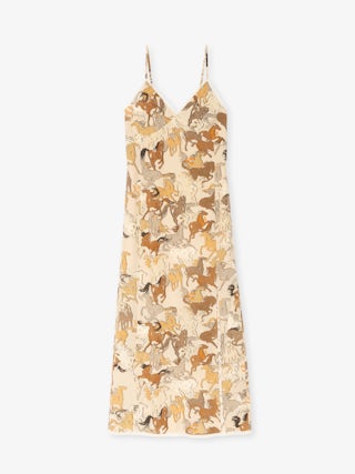 Ramelil 100% Silk Dress - Long lingerie-style dress in printed silk, with slit, adjustable straps, wing embroidery on the back and lace.